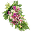 An elongated sympathy spray is photographed against bright white, drawing attention to its rich colours and flowing shape as it curves from the top left down to the bottom right. At the centre, large Oriental-style Stargazer lilies open in all their glory, with vivid fuchsia-pink petals edged in white and sprinkled with dark burgundy speckles, creating a dramatic yet dignified focus. Several lily buds, still closed and tipped with green and blush pink, add height and a quiet sense of unfolding remembrance. Nestled around them, deep magenta gerbera daisies offer bold disks of colour, while ivory-white roses and gently frilled white carnations provide a calm and respectful balance. Small white daisies and fine filler blooms are threaded through the arrangement, brightening the spaces between the larger flowers with their soft, starry shapes. A lush collar of greenery holds everything together: broad, dark green leaves give structure, feathery ferns add a soft, trailing edge, and long, blade-like leaves sweep outward and downward, accentuating the teardrop outline. The stems are neatly gathered and secured at the upper left, showing the hand-crafted nature of the piece. This design, much like the thoughtful tributes prepared for services near Exmouth Market, Farringdon, or around Clerkenwell's quiet side streets, feels respectful and composed. It is well suited for a funeral, cremation, or memorial service, offering a heartfelt way for families and friends in Clerkenwell to express love, sympathy, and lasting remembrance.