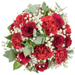 This image shows a beautifully composed, hand-tied bouquet photographed from above, its rounded shape filling the frame against a bright, white background that makes the colours appear vivid and pure. At the core of the design, classic deep red roses open in tightly layered spirals, their velvety surfaces absorbing the light and giving an impression of depth and romance. Nestled closely around them are red carnations, lush and ruffled, with petals that fold and twist in soft waves, contributing both volume and a playful, textured contrast to the smoothness of the roses. Threaded gently through this sea of red, clusters of tiny white baby's breath blossoms offer a soft, airy counterpoint, as if drifting clouds of lightness have settled between the richer tones. Eucalyptus foliage in silvery, grey-green hues curves gracefully among the blooms, its rounded leaves adding a contemporary, almost minimalist touch, while darker green leaves from the rose stems provide a classic, garden-inspired foundation. The arrangement feels thoughtfully structured, the kind of bouquet a local Clerkenwell florist might prepare for a candlelit evening near Exmouth Market, a Valentine's surprise delivered to a studio off Hatton Garden, or a heartfelt thank-you shared in a Farringdon office. The clean background ensures that nothing distracts from the interplay of colours and textures: the plush roses, the frilled carnations, the feathery gypsophila, and the cool greenery. Overall, the bouquet radiates warmth, affection, and refined taste, making it a timeless choice for romantic gestures and celebratory occasions across Clerkenwell.