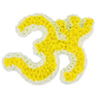 A beautifully balanced floral Om symbol fills the frame, designed as a refined funeral tribute and set against a smooth, uninterrupted white background. The sacred character itself is built from a dense field of golden-yellow flowers, their small rounded petals pressed closely together to form a continuous, cushiony surface that follows every bend of the calligraphic shape. Surrounding this glowing yellow heart, a fine border of clean white blossoms traces the entire outline, crisply separating the Om from the background and accentuating the flowing sweeps and the prominent upper dot-like form. The interplay of yellow and white suggests both spiritual energy and purity, echoing the quiet dignity of rituals held in local temples and halls around Clerkenwell and nearby Holborn. Soft, bright lighting highlights the texture of each tiny petal without casting strong shadows, giving the impression that the tribute has just been completed on a florist's bench near Smithfield, ready for same-day delivery to a remembrance service. The design is uncluttered, with no additional foliage or decorative elements, allowing the symbolic shape and the freshness of the flowers to carry the emotional message. It evokes a sense of stillness and inward focus, as though inviting mourners to pause in silent prayer. This image conveys the craftsmanship and cultural sensitivity of Clerkenwell florists who understand how important it is for families to see their faith and traditions honoured through carefully chosen flowers at the moment of farewell.