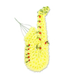 The photograph presents a highly detailed floral saxophone tribute standing tall against a plain, uncluttered white background, so that the instrument's distinctive silhouette appears almost sculptural. Its entire form is carefully outlined and filled with a dense covering of bright, sunny yellow flowers, most likely chrysanthemums, each small floret overlapping to create a soft, textured skin that follows the rise of the body, the graceful arch of the neck, and the broad opening of the bell. Dotted thoughtfully along this yellow surface are numerous tiny red roses and spray rosebuds, positioned to mimic the saxophone's keys and buttons and to introduce a striking contrast that immediately draws the eye. Around the edges and through some of the curves, thin strands of rich green foliage loop and wind, adding movement and giving the impression of music drifting and curling through the air above Clerkenwell's churches, chapels, and quiet squares. A few slim green or metallic wires can be seen near the mouthpiece area, suggesting both the reed and the discreet framework that supports the tribute and keeps it upright. The overall effect is one of balance and emotion: the piece is bold yet graceful, clearly designed as a funeral or memorial arrangement for someone who loved music or played the saxophone. The bright yellow tones bring a feeling of warmth and remembrance, while the red accents hint at deep affection and respect, making it a meaningful choice for services held around Clerkenwell, whether in a local church, crematorium, or intimate gathering space.