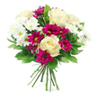 In this photograph, a full, rounded bouquet of creamy white roses and mixed chrysanthemums stands out clearly against a clean, white background, capturing an aesthetic that feels very at home in Clerkenwell's mix of heritage and modern design. At the core of the arrangement, large cream-toned roses have opened to reveal layered spirals of petals, silky and luminous, evoking a sense of calm romance and understated luxury. Nestled around them are clusters of white spray chrysanthemums, their many thin petals forming soft, daisy-like faces with subtle green centres that add freshness and delicacy, like a breath of clean air drifting through a studio off Clerkenwell Road. Punctuating these gentle whites are richly coloured magenta and fuchsia spray chrysanthemums, their compact heads and densely arranged petals bringing depth, vibrancy, and a confident pop of colour to the bouquet. A collar of glossy dark green foliage encircles the blooms, the leaves smooth and slightly curved, creating a lush frame that enhances the bouquet's domed, hand-tied shape. The stems are trimmed and gathered neatly at the base, clearly ready to be dropped into a favourite vase on an EC1 office desk or a small dining table overlooking the narrow streets below. The lighting is bright yet soft, revealing the contrasts between creamy, crisp white, and jewel-toned magenta without distraction. Emotionally, the bouquet feels both soothing and uplifting, ideal for marking a milestone in one of the local creative agencies, offering thanks after a meeting near Farringdon Station, or simply bringing a moment of beauty and colour into the everyday rhythm of life in Clerkenwell.