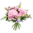 Set against a pure white background, this abundant bouquet glows with gentle pinks and lilacs, as if catching the soft light filtering into a Clerkenwell studio window. Two generous domes of blush pink hydrangea form the heart of the design, their dense clusters of tiny, ruffled petals creating a plush, cloud-like texture that immediately suggests comfort and warmth. Nestled between and around them are light pink roses, some fully open and showing off their elegant spiral centres, others still in tightly furled buds that promise to bloom over the coming days. Slender stems of bell-shaped flowers in shades of pastel lavender and soft lilac, reminiscent of campanula, emerge playfully from the bouquet, their delicate cups tilting at different angles to give a feeling of movement and airy grace. Smaller clusters of deeper fuchsia and rich pink filler blossoms, similar to waxflower or phlox, add fine detail and colour contrast, drawing the eye deeper into the arrangement. Fresh green foliage spills gently around the blooms, with slim buds and stems woven throughout, underscoring the bouquet's freshly gathered character, as if it had just been arranged by a local florist off St John's Square. The stems at the base are visible and neatly tied, creating a rounded, hand-tied piece ready for a favourite vase. Overall, the bouquet conveys tenderness and quiet celebration, ideal for sending love, congratulations, or a comforting gesture to friends and family living and working around Clerkenwell and its neighbouring streets.