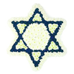 A beautifully composed Star of David tribute dominates the frame, its six points rendered entirely in fresh white and dark blue flowers set against a seamless white background that emphasises every line of the design. The outer contour of the star is wrapped in a thick ring of white chrysanthemum-like blooms, their small, rounded petals overlapping to form a soft, comforting edge that feels almost like fabric. Inside this border lies a large central hexagon of the same snowy white flowers, forming a calm, luminous heart to the piece. Around it, each arm of the star is filled to the brim with velvety navy or indigo blossoms, their dense clusters creating deep pools of colour that frame and protect the white centre. At the inner base of each blue arm, a neat white triangle is set into the darker field, creating a repeating pattern of light and shadow that draws the eye gently around the star. The flowers appear freshly arranged, the petals still plump and cool, with the quiet scent one might notice when stepping into a Clerkenwell chapel or family home prepared for a Jewish funeral. There are no visible ribbons or extra greenery; the focus is entirely on the interplay of blue and white and the clear, recognisable outline of the Magen David. Designed as a thoughtful memorial or sympathy tribute, this arrangement feels both solemn and embracing, suitable for delivery to homes and venues across Clerkenwell, where it would stand as a graceful, wordless expression of condolence, heritage, and enduring remembrance.