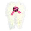 In this striking funeral tribute, a pair of angel wings made entirely from white blooms is displayed against a clean, white background, creating an impression of weightless calm often associated with quiet moments in Clerkenwell's small chapels and memorial gardens. Each wing is carefully sculpted from numerous small, pristine white flowers, probably chrysanthemums or spray carnations, packed so closely that they form a smooth, padded surface, almost like a soft quilt of petals. The wings curve gently upward, tapering slightly towards the bottom, their shapes clearly defined and symmetrical. Around the outer edges, light and feathery white plumes are interspersed, giving the design a downy, cloud-like border that enhances its angelic character and softens the silhouette. At the point where the wings meet in the centre, a darker, more intense colour draws the eye: a circular base of deep violet or purple flowers or foliage adds depth and contrast to the design. On top of this sits a radiant fuchsia satin bow, its wide loops polished to a subtle sheen, with ribbon tails that drape gracefully downward like a gentle waterfall of colour. Tucked into the folds of the bow is a single, pale pink rosebud, conveying a sense of tenderness and a love that is both delicate and enduring. This angel-wing arrangement feels especially appropriate for sympathy and remembrance, whether placed beside a coffin, at a crematorium chapel near Farringdon, or on a memorial table at a gathering in Clerkenwell, offering a visual message of peace, purity, and the comforting idea of a guardian presence.