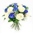 A domed hand-tied bouquet of sapphire-blue and soft cream roses is shown in crisp detail against a bright white background, the arrangement appearing freshly crafted as if ready to leave a Clerkenwell workshop for a thoughtful sympathy delivery. Roughly equal numbers of each colour rose are clustered together, the deep blue blooms rich and velvety, their petals layered in tightly spiralling whorls, while the cream and ivory roses unfurl more gently, their paler tones suggesting softness and light. Fine, branching stems of baby's breath are scattered throughout, filling the gaps between the larger flowers with airy clusters of tiny white blossoms that give the bouquet a gentle, cloudlike halo. Around the base and tucked between petals, dark green foliage adds a steady, grounding note, the sleek, elongated leaves echoing the quiet greenery found in the courtyards and pocket parks around Farringdon and Clerkenwell. The stems are neatly bound together at the bottom, the cut ends clean and aligned, reinforcing the sense of a carefully composed, hand-tied design. Light from above and slightly to one side highlights the subtle curves of each petal and the interplay between shadow and brightness, enhancing the contrast between blue and cream without making it harsh. The overall impression is one of serene composure and heartfelt sincerity, an arrangement that would feel at home on a console table during a remembrance gathering, or placed in a calm corner of a Clerkenwell flat, offering an enduring gesture of condolence and quiet strength in times of loss.