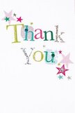 There is a soft, everyday joy in this thank-you card, as if every element was chosen to lift the recipient's spirits. Across a pristine white field the words Thank You parade in playful, hand-drawn letters - lime green, fuchsia, cool blue and sunny yellow alternating like confetti. Some letters shimmer with a fine silver glint, others are patterned with tiny polka dots or delicate stitched flourishes that suggest the tactile pleasure of handmade paper. Clusters of small stars-cotton-candy pink, teal, and silvery grey-orbit the message, scattered like celebratory sprinkles that never feel cluttered but always feel intentional. The white background gives generous negative space so each color and texture breathes; the paper's subtle tooth and the hint of glitter catch soft light, creating a quiet shimmer without overpowering the graphic joy. As a florist working around Clerkenwell Green and Exmouth Market, I picture this card slipped into a bright hand-tied bouquet - its warmth echoing the summer afternoons along St John Street where neighbours drop by with small, heartfelt gifts. The overall mood is sincere and slightly whimsical: gratitude presented as colour, texture, and small, deliberate sparkle. It's a note meant to be felt as much as read, tactile enough to run a fingertip over the stitched edges, and cheery enough to pair with peonies or gerberas on a doorstep in EC1 - a simple, honest finishing touch that amplifies thanks into something you can almost hear and almost smell.