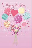 A whimsical birthday illustration unfolds like a pastel daydream, with floating balloons and a petite bouquet creating an atmosphere of joy that would feel perfectly at home in Clerkenwell's creative studios. The background is a soft, rosy pink wash, calm and inviting, allowing the central design to hover in focus. At the heart of the image, an airy cluster of balloons ascends, their strings converging elegantly into a hand-tied bunch of flowers at the base. Each balloon has its own playful character: some swirl with candy-coloured stripes, others are sprinkled with cheerful polka dots, and one heart-shaped balloon gently glows with affection, suggesting a birthday wish given with love. The colour scheme is delicate yet uplifting-creamy ivory, blush pink, gentle mauve, lemon yellow, and cool teal-interlaced so that no single hue dominates. Below, the bouquet itself feels tender and refined, composed of small roses and anemone-like blossoms clustered tightly together, as if freshly arranged by a local florist for a surprise birthday delivery around Clerkenwell Green or near the historic market streets. The petals appear feathery and soft, their edges lightly shaded, giving a sense of volume and texture. A violet satin bow ties the stems in a neat flourish, the ribbon's subtle sheen catching the same imagined light that glints off the balloons. Scattered tiny stars and delicate butterflies drift through the scene, adding a touch of fairy-tale magic. Overall, the design conveys a light, airy celebration, capturing the feeling of a bright, unforgettable birthday morning filled with flowers, balloons, and thoughtfully chosen details.