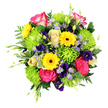 A richly detailed mixed-flower bouquet is captured in front of a clean white background, putting every colour and contour into sharp focus. The central stars are hot pink roses, some kissed with soft white edges, whose velvety, spiralling petals create a luxurious sense of depth and romance. Around them, bright yellow gerbera daisies with dark brown centres stand like glowing medallions, their narrow, layered petals fanning outward to convey cheer and uplift, the kind of brightness that suits a celebration in a Clerkenwell loft or café. Lime green button chrysanthemums gather in tight, rounded tufts, lending a bouncy, textural contrast that feels playful and modern. Threaded through the design are fine sprays of lavender-blue, aster-like blooms and richer purple, bell-shaped flowers reminiscent of lisianthus, which soften the bold colours with a cooler, more reflective tone. Encasing the flowers is an assortment of foliage: broad, deep green leaves, lighter ferny fronds, and variegated leaves traced with pale, creamy white, each adding shape, structure, and a sense of natural movement. A few slender green buds and shoots extend just beyond the main form, giving a gentle, outward-reaching energy, as though the bouquet is still unfolding. The image is lit with clear, even light, creating delicate shadows that sculpt each blossom without distraction. Overall, the combination of pink, yellow, green, and purple conveys joy, warmth, and a touch of sophistication, ideal for birthdays, thank-you gifts, or simply brightening a home near St John Street. Every element feels thoughtfully chosen and expertly arranged, reflecting the practiced touch of a dedicated Clerkenwell florist.