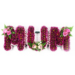 A beautifully composed floral arrangement spells the word MUM in large, block letters, each letter created as an individual three-dimensional tribute and photographed against a crisp, white background. The main body of the design is formed from hundreds of small flowers, most likely spray chrysanthemums, in intense shades of deep pink, magenta, and purple. Their close, even spacing produces a dense, cushion-like texture that feels both luxurious and steady, suitable for resting proudly on a coffin or easel. The clustered lime-green centres give the surface a gently speckled appearance, softening the rich tones. Along the sides, a pale, ruffled pink ribbon frames each letter, adding a delicate, almost fabric-like softness to the sturdy floral structures. The outer top corners of the two Ms are adorned with matching accent sprays of lighter pink roses, some fully opened, others still unfurling, nestled among fresh fern fronds and glossy greenery. These little sprays arc slightly over the chrysanthemums, providing dimension and a romantic touch. At the base of the central U, a smaller, tender bouquet rests: light pink roses paired with creamy white flowers and a collar of greenery, evoking a tiny handheld posy placed within the larger tribute. The overall mood is one of warmth and dignified affection, suitable for a farewell in a Clerkenwell chapel or a remembrance gathering in a nearby community space. It captures the way family and friends might wish to say goodbye to a mother with colour, texture, and quiet emotion rather than words alone.