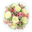 Captured from a bird's-eye view, this bouquet appears as a flawless floral circle set against a pure white background, the kind of composition you might find styled on a table in a Clerkenwell design studio. At its heart sit eight or so fully opened roses in shades of soft cream and pale ivory, their petals layered in gentle spirals that create a plush, velvety centrepiece. Interlaced between the roses, clusters of pink alstroemeria add an uplifting blush of colour, the Peruvian lilies' petals brushed with deeper pink striping and warm undertones of peach and light red near their centres, suggesting delicacy and quiet energy. The entire arrangement is wrapped in a fine mist of baby's breath, thousands of tiny white Gypsophila blooms drifting between the larger flowers like a light veil, softening every edge. Slender, deep green leaves peek through in small arcs, adding a cool, natural contrast that mirrors the foliage found around Clerkenwell Green or the planters along nearby side streets. The bouquet is tightly gathered, forming a neat, symmetrical dome with no visible stems, each flower facing up so its form and colour can be appreciated fully. The lighting is bright and neutral, enhancing the soft ivory and blush tones while keeping shadows to a minimum, which reinforces the clean, elegant feel. Together, the creamy roses, pastel lilies, and airy white filler create a soothing, romantic palette that feels at once classic and fresh. This arrangement would be perfect for a wedding morning, a gentle anniversary gesture delivered to an EC1 apartment, or a refined way to send support and affection during a tender moment.