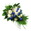 An elegant teardrop funeral spray in blue, white, and green is photographed on a simple white background, its flowing shape offering a quiet sense of movement and farewell. Starting from a fuller cluster at the upper left and tapering gently down to the lower right, the arrangement resembles a cascading sheaf, carefully balanced yet softly asymmetrical. Approximately a dozen pristine white roses and an equal number of deep blue blooms are interwoven, each flower fully open so the layered petals appear plush and velvety. The white roses evoke purity and remembrance, while the intense sapphire blue flowers add a striking depth, creating focal points that draw the eye along the length of the spray. Threaded throughout, small tufts of white filler flowers, reminiscent of baby's breath, introduce a fine, cloud-like texture that lightens the composition. The roses are cradled within a rich tapestry of foliage: broad, dark green leaves gather at the top left, giving a sense of strength and support, while long, slender palm fronds sweep outward from the bottom right, defining the elongated, cascading outline. Here and there, feathery ferns and subtle bluish-green foliage appear between the blooms, echoing the calm greenery of nearby Clerkenwell parks and courtyards. Decorative folded leaves, striped in shades of green and cream, coil gracefully through the design, adding a sophisticated, crafted detail. The overall impression is one of solemn dignity and gentle compassion, suited to a funeral, memorial, or celebration of life service in Clerkenwell, expressing heartfelt condolences and a quiet promise of enduring memory.