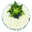 A round, cushion-style funeral tribute is shown from above, completely filling the image against a plain, bright white background that highlights its form and colours. The base is composed of countless small white chrysanthemum blooms, arranged so tightly that they form a continuous, velvety carpet of petals. Their modest, slightly green-tinted centres create a soft, dotted pattern across the surface, breaking up the white just enough to keep the design gentle and natural rather than stark. Around the edge of the circle, a rich emerald green satin ribbon has been folded into crisp, regular pleats, giving the tribute a tailored, finished look and framing the flowers like a carefully chosen border. Positioned slightly off-centre toward the top, a vibrant cluster of greenery and accent flowers adds focus and character. A vivid lime-green spider chrysanthemum stretches its fine, curling petals outward, surrounded by bright green Hypericum berries that resemble tiny polished beads. Dark leafy greens and delicate fern fronds weave through the centre, creating subtle height and shadows. Nestled within this foliage are one or two round, spiky Scottish thistles in a dusky blue-violet shade, instantly recognisable and rich with meaning for those with Scottish connections living around Clerkenwell or nearby Barbican. The combination of white, green, and blue feels cool, composed, and dignified, the kind of thoughtful sympathy tribute that might be chosen through a local Clerkenwell florist to accompany a funeral, cremation, or memorial gathering, offering comfort and a personal touch during a time of farewell.