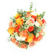 Viewed directly from above against a pure white background, this bouquet appears as a lush circle of colour, carefully constructed so that each bloom supports the next. Dominating the scene are rich roses in a spectrum of warm hues, shifting from deep gold and honeyed yellow to bright orange and vivid tangerine, their tightly layered petals forming sculptural spirals that catch the light. Around these, generous clusters of carnations in peach and lively tangerine tones contribute a soft, ruffled texture, adding a sense of gentle movement and fullness. Flat-faced gerbera daisies are dotted through the design, their neat ray-like petals fanning out in soft peach and light orange, with some centres tinged delicately with pink, like a subtle flush of colour. Between the larger flowers, tiny starry bursts of white and pale green filler blooms-reminiscent of Astrantia-bring an airy counterpoint, preventing the warm palette from feeling too dense. Interlaced greenery completes the arrangement, with rounded, silvery-green eucalyptus leaves and brighter foliage adding depth, contrast, and a cool freshness that seems almost fragrant. The lighting is bright and even, enhancing the saturation of every orange, yellow, and peach tone while allowing the greens to remain calm and soothing. Together, the elements create a feeling of joyful warmth and easy celebration, similar to the atmosphere of a late afternoon in Clerkenwell when the sun reflects off historic brick buildings. It is easy to imagine this bouquet placed on a dining table in a loft near St John Street or in a studio overlooking Clerkenwell Road, bringing a sense of happiness, gratitude, or seasonal festivity to the space.