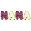 A handcrafted, three-dimensional tribute spells NANA in bold, tactile letters set against a pristine white backdrop. Each letter is densely packed with hundreds of small chrysanthemum-like blooms: the first N and the second N burst with rich, deep magenta-plum flowers whose tiny yellow eyes punctuate the surface like quiet, steady points of light; the two A letters are sculpted from soft, creamy white chrysanthemums that read as gentle, cool planes beside the vivid plum. Every character is edged with a bright, undulating lime-green border - pleated satin ribbon or tightly worked foliage - that frames the florals and gives a crisp, living definition to each letter. The texture is lush and uniform, petal against petal, with a subtle chrysanthemum scent that reads fresh and herbaceous rather than sweet, and a weight and depth that only careful wiring and dense packing can achieve. Soft morning light from above throws a delicate shadow beneath the letters, emphasizing their three-dimensional form and the careful spacing between blooms. This arrangement reads as a traditional, personal sympathy tribute: an intimate, lettered homage often chosen to honour a beloved grandmother at a service, wake or graveside in the Clerkenwell area. As an experienced local florist working around Leather Lane and Spa Fields, I picture this piece laid near a photograph or on a chapel stand, offering quiet comfort through colour and craft. The combination of plum, ivory and lime suggests both reverence and a gentle hope, a floral vocabulary that says love and remembrance when words fall short.