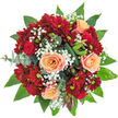 This bouquet radiates with the lively sophistication you'd expect from Clerkenwell, artfully assembled by local hands and lit to perfection against a snowy white backdrop. The domed shape draws your eyes to the centre, where plush, apricot-peach roses unfurl invitingly, their softly ruffled petals a gentle counterpoint to the bolder, crimson red roses and the textured, almost sculptural spray chrysanthemums. Dainty tufts of white baby's breath play among the main blooms like little clouds, echoing the lightness of spring mornings in Spa Fields Park and lending a dreamy lift to the composition. Encasing all, a lush frame of deep, vivid green foliage-shiny salal, cool eucalyptus, and architectural ti leaves-provides both structure and freshness, the sensation akin to running your fingers through dew-damp leaves after a Clerkenwell rain. Clusters of unique, seed-like pods add intrigue and a hint of autumn's wildness. Every bloom and leaf feels deliberately chosen and placed, giving the bouquet a joyful, celebratory spirit-perfect for marking a birthday near Exmouth Market or a heartfelt milestone at home. More than a floral arrangement, this is a gift of artistry and genuine local care, reflective of Clerkenwell's creative, welcoming neighbourhood character.