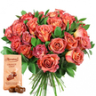 Vivid and inviting, this locally crafted Clerkenwell gift set features a large, expertly tied bouquet of mixed roses and a pouch of Thorntons Orange Crisp chocolates, staged against a luminous white background for maximum impact. The bouquet overflows with roses in a stunning blend of deep coral, sunlit peach, and soft salmon pinks, many with bicolored or shaded petals that move from creamy yellow at the core to rich pink at the tips-a harmonious echo of the blooms seen in Rosebery Avenue's springtime displays. Interspersed throughout are sprigs of dark, glossy greenery, possibly freshly sourced eucalyptus or ruscus, adding depth, aroma, and contrast. The rounded, plush head of the bouquet showcases both tightly furled buds and fully opened, velvety blossoms, while the base reveals long, carefully gathered stems tied in the classic hand-tied style familiar to regulars at Clerkenwell's artisan markets. Nestled in the foreground is the unmistakable Thorntons Orange Crisp pouch, pale beige and adorned with a chocolate graphic and bold, inviting text, alongside two unwrapped, glistening milk chocolate truffles that promise a tempting balance of tangy orange and sweet crunch. This beautifully composed image radiates celebration and care, ideal for birthdays, romantic gestures, or simply sending a moment of brightness to someone in EC1. Every detail, from the plush texture of the petals to the glimmer of chocolate, is a subtle nod to Clerkenwell's flair for combining elegance with generosity.