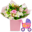 A bright and tender celebration for a new baby girl is captured in this image, where every element seems chosen to echo joy and softness. Centred in the frame is a florist-styled bouquet rising from a light pink gift box with a square silhouette, the kind of chic presentation often requested by families around Clerkenwell and nearby Farringdon. The box is wrapped at the top with layers of crinkled clear cellophane and pastel pink tissue paper that billow gently, creating a cushion for the flowers and adding a sense of ceremony, as if the bouquet has just been unveiled. From this base springs a generous arrangement of seasonal blooms. The eye is first drawn to a vivid pink gerbera daisy, its broad, open face lending a feeling of happiness and welcome. Surrounding it, clusters of white chrysanthemums provide a soft, cloud-like texture, contrasting with the smoother petals of the gerbera. Sprays of alstroemeria in light pink and creamy white weave through the bouquet, each petal delicately speckled as though brushed with watercolour. Above them, a creamy yellow lily bud is caught at that quiet moment before it opens, full of anticipation. To create depth and contrast, the design includes small lime-green button flowers, perhaps santini chrysanthemums, whose rounded shapes add playful texture, while clusters of deep red hypericum berries glint like tiny jewels. The entire arrangement is framed by lush dark green leaves and graceful fern fronds, giving it a fresh-from-the-garden feel similar to the greenery found in local squares and hidden courtyards. To the right of the flowers floats a metallic foil balloon in the shape of a baby pram, predominantly bright pink with a purple hood and purple wheels decorated with colourful spokes. Across its side, in bold yellow and green lettering, the message It's a Girl! appears alongside subtle heart motifs, leaving no doubt about the occasion. The overall composition radiates warmth, celebration, and the tender excitement of welcoming a newborn daughter into the family.