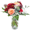 Instantly captivating, this bouquet designed in a Clerkenwell studio balances rich, velvety reds with glowing apricot warmth. Centered among the blooms, plump peach roses unfold their petal layers, exuding a buttery softness and a sense of quiet romance. Enveloping them, burgundy chrysanthemums fan their textured, ruffled petals outward with dramatic flair, reminiscent of the vibrant character seen in the galleries along St John Street. Baby's breath, with its frothy clusters of tiny white flowers, floats above, lending a light, celebratory touch. Glossy green leaves provide structure and contrast, while sprigs of eucalyptus introduce a eucalyptus-fresh note, filling the air with an invigorating, herbal scent that evokes the gardens nearby Mount Pleasant. Arranged with artistry in a simple glass vase, the flowers and intertwined stems tell a story of freshness and authenticity. Ideal for a romantic gesture, birthday surprise, or meaningful apology, this arrangement from your local Clerkenwell florist brings elegant emotion and local charm to any room.
